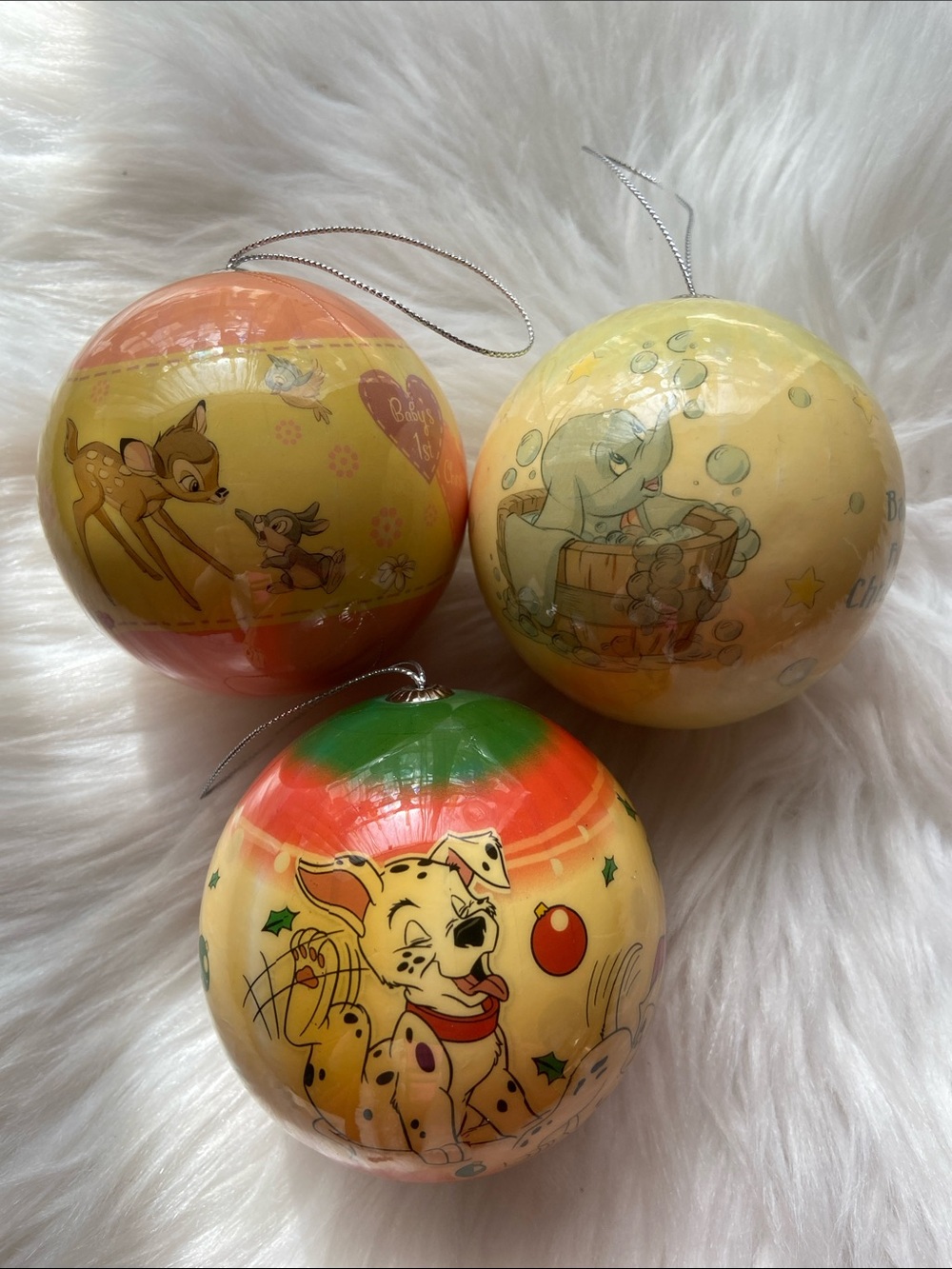 3 Disney 2013 Vintage Decoupage Ball Cap Ornaments; Bambi Dumbo 101 Dalmatians